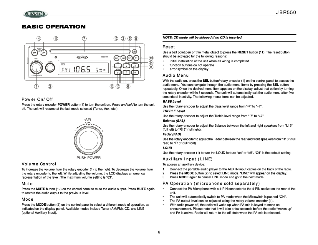 Jensen JBR550 BASIC OPERATION, Power On/Off, Volume Control, Mute, Mode, Reset, Audio Menu, Auxiliary Input LINE, Loud 