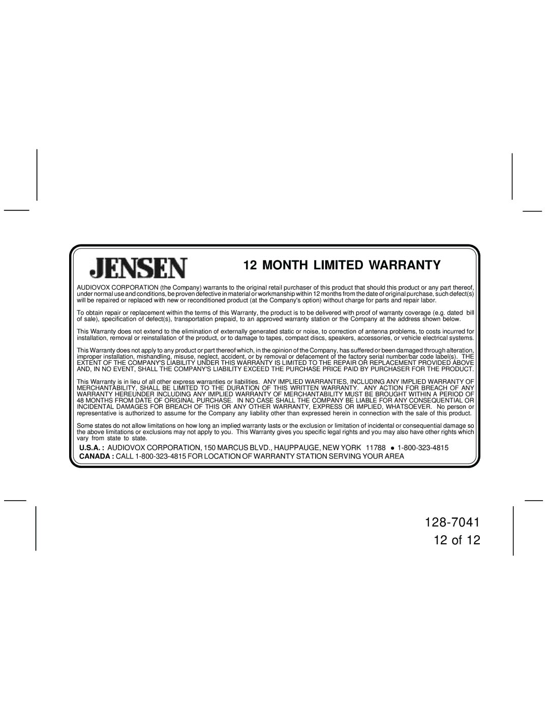 Jensen JBX100SR manual Month Limited Warranty 