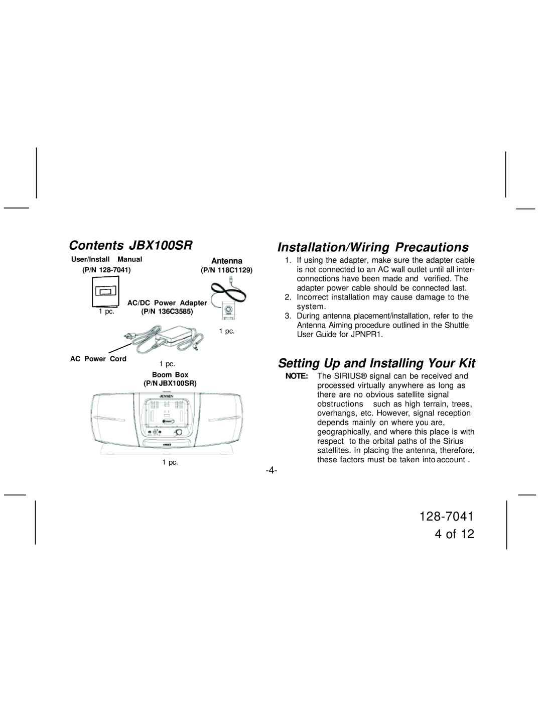 Jensen manual Contents JBX100SR, Installation/Wiring Precautions, Setting Up and Installing Your Kit 