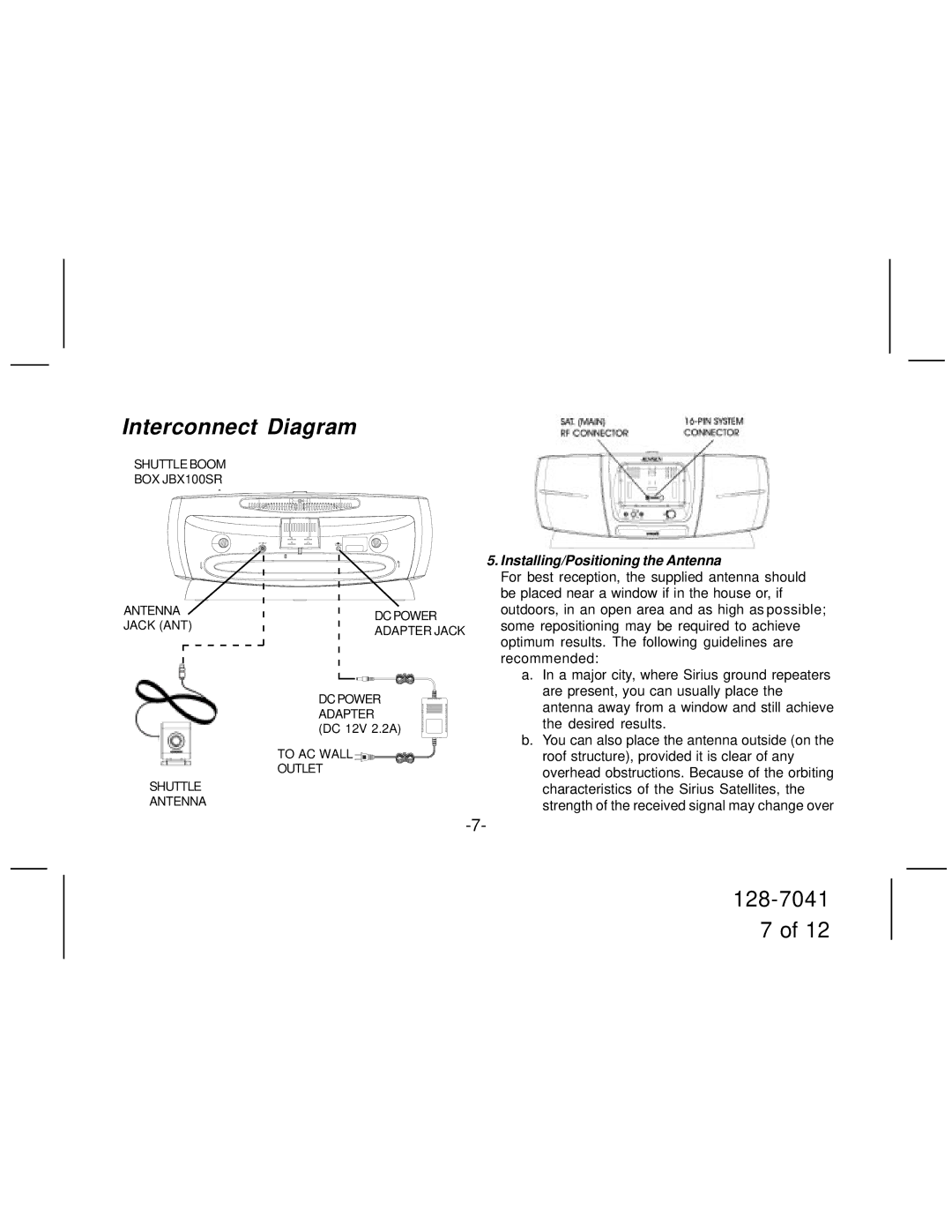 Jensen JBX100SR manual Interconnect Diagram, Installing/Positioning the Antenna 