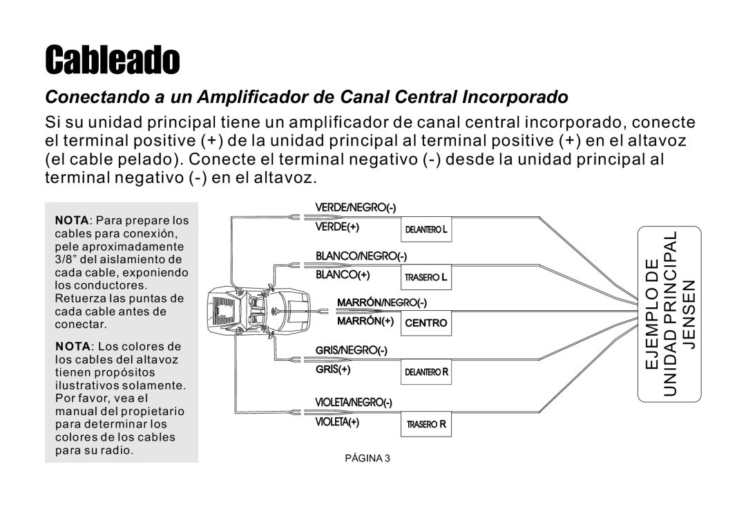 Jensen JCCSPK installation instructions Cableado, Conectando a un Amplificador de Canal Central Incorporado 