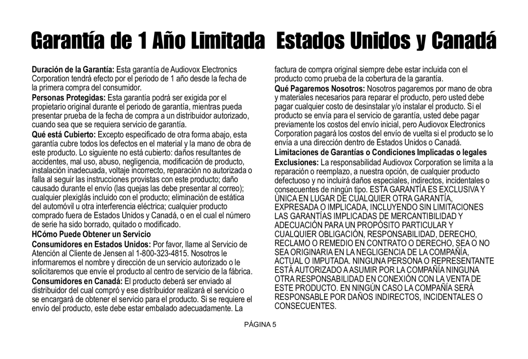 Jensen JCCSPK installation instructions Garantía de 1 Año Limitada Estados Unidos y Canadá 