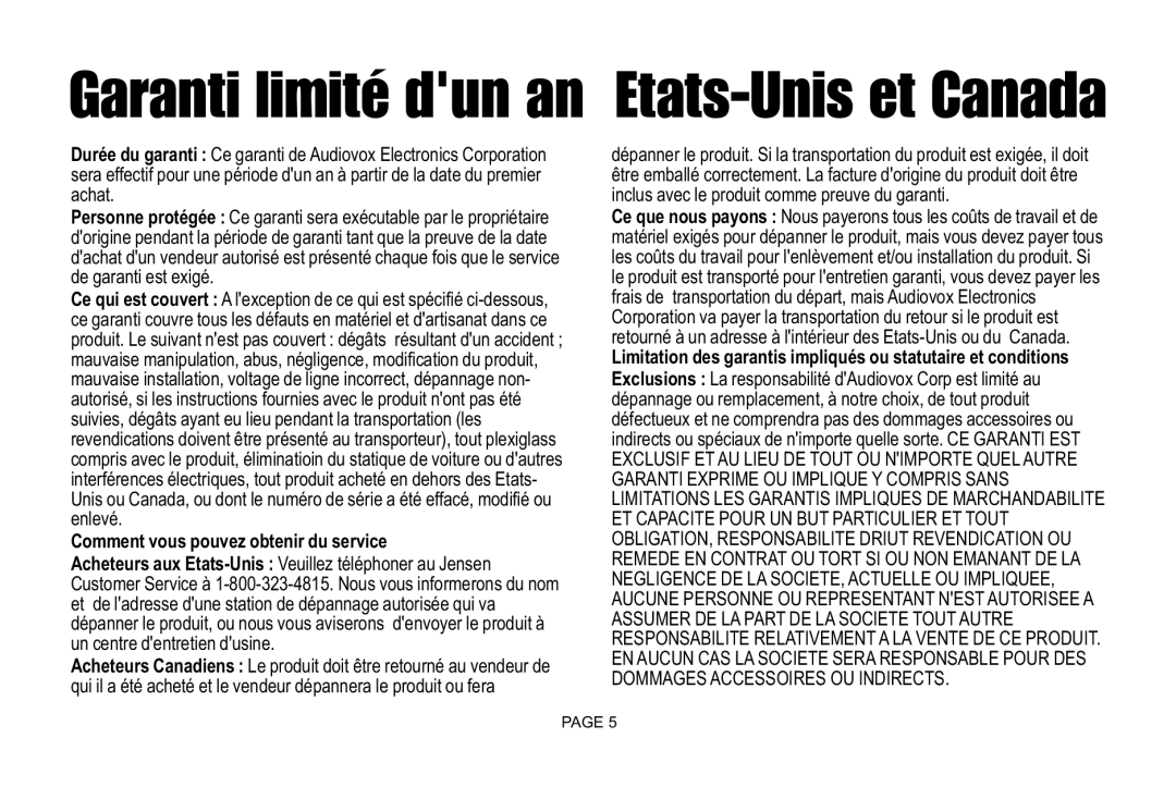 Jensen JCCSPK installation instructions Garanti limité dun an Etats-Unis et Canada 