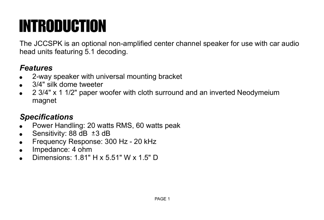 Jensen JCCSPK installation instructions Features, Specifications 