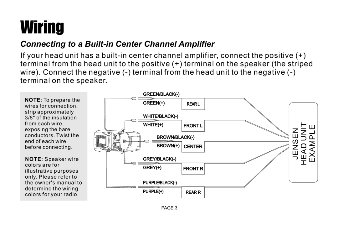 Jensen JCCSPK installation instructions Wiring, Connecting to a Built-in Center Channel Amplifier 