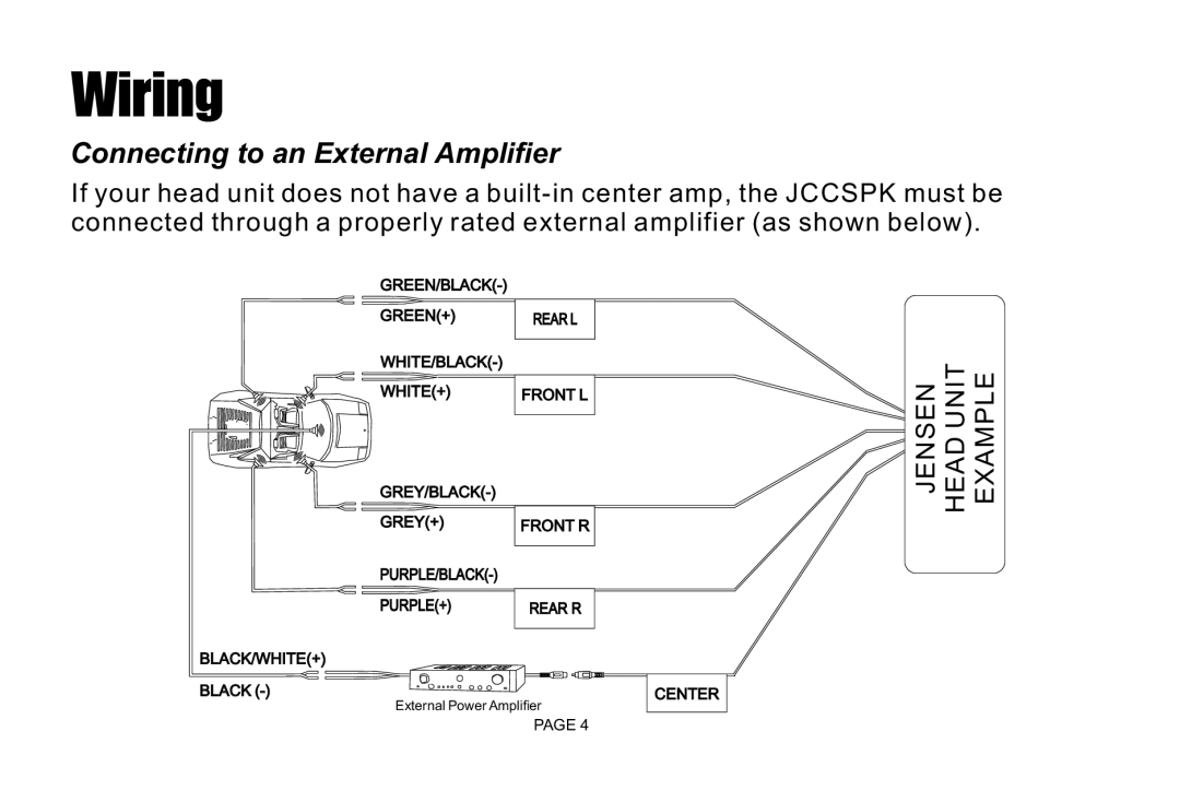 Jensen JCCSPK installation instructions Connecting to an External Amplifier 