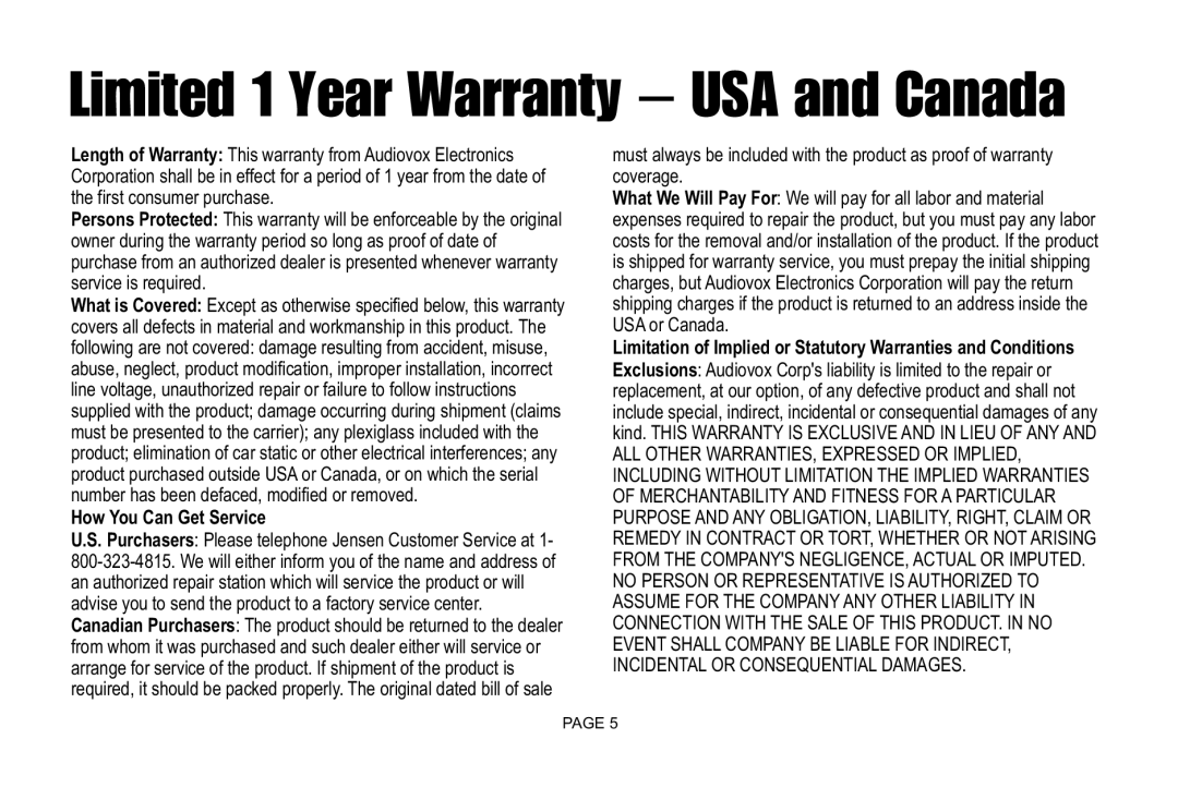 Jensen JCCSPK installation instructions Limited 1 Year Warranty USA and Canada 