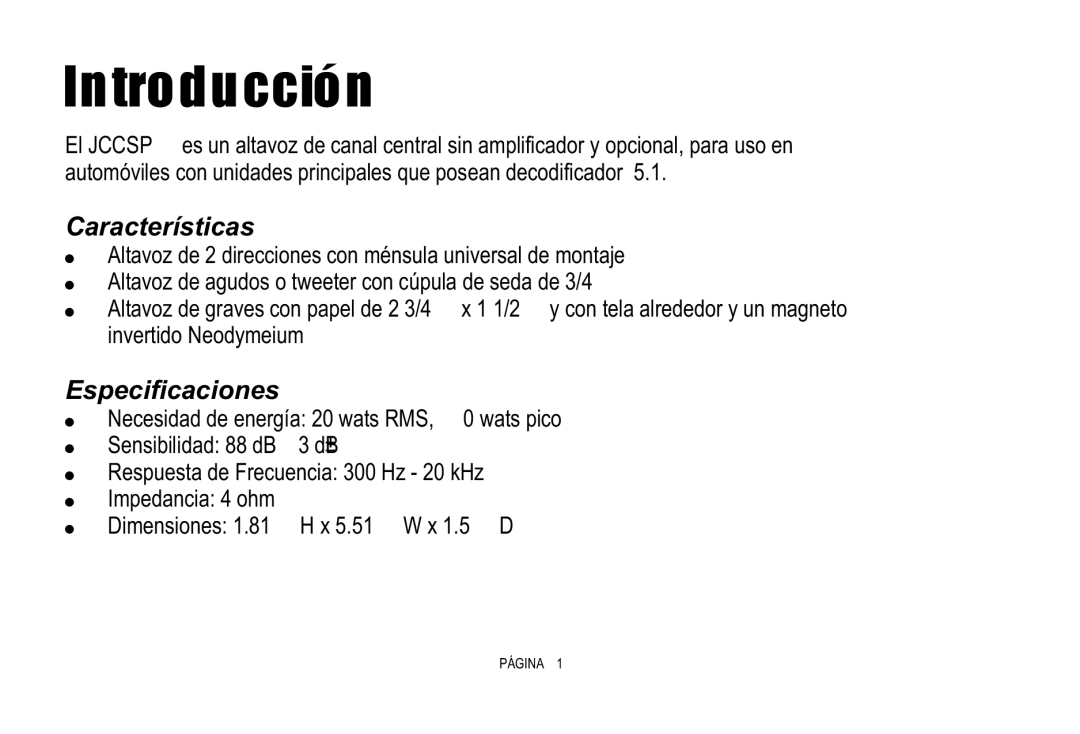 Jensen JCCSPK installation instructions Introducción, Características, Especificaciones 