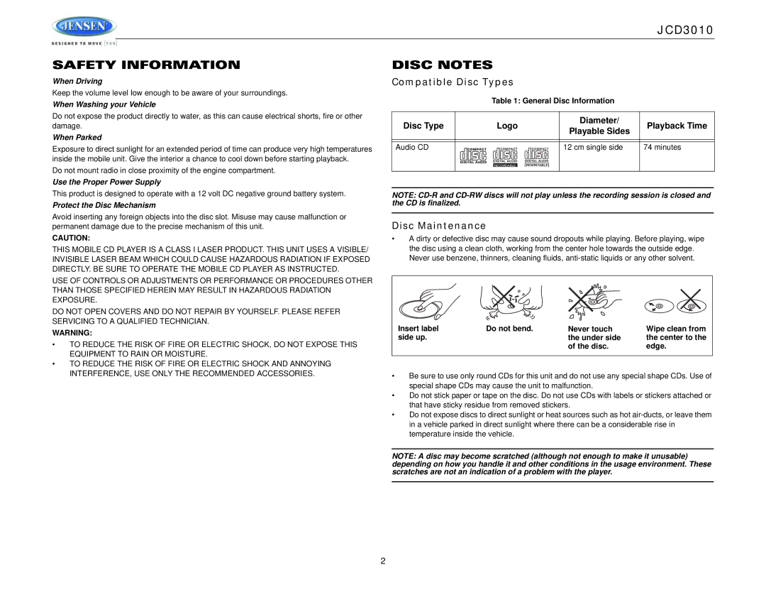 Jensen JCD3010 operation manual Safety Information Disc Notes, Compatible Disc Types, Disc Maintenance 