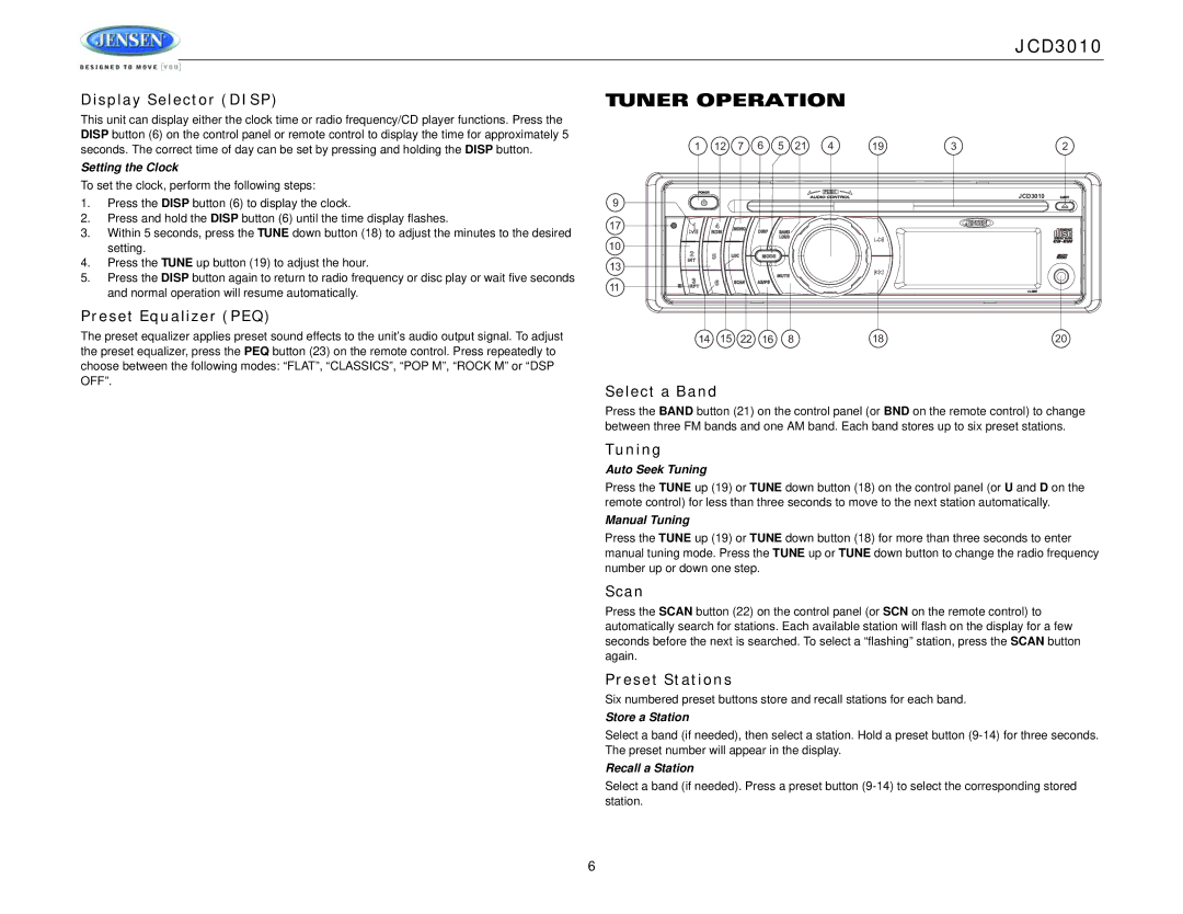 Jensen JCD3010 operation manual Tuner Operation 