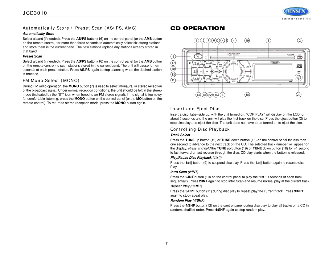 Jensen JCD3010 CD Operation, Automatically Store / Preset Scan AS/PS, AMS, FM Mono Select Mono, Insert and Eject Disc 