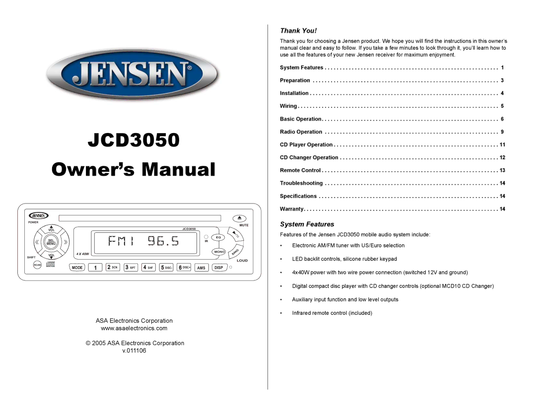 Jensen JCD3050 owner manual Thank You, System Features 