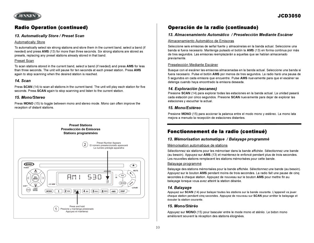 Jensen owner manual JCD3050 Operación de la radio continuado, Fonctionnement de la radio continué 