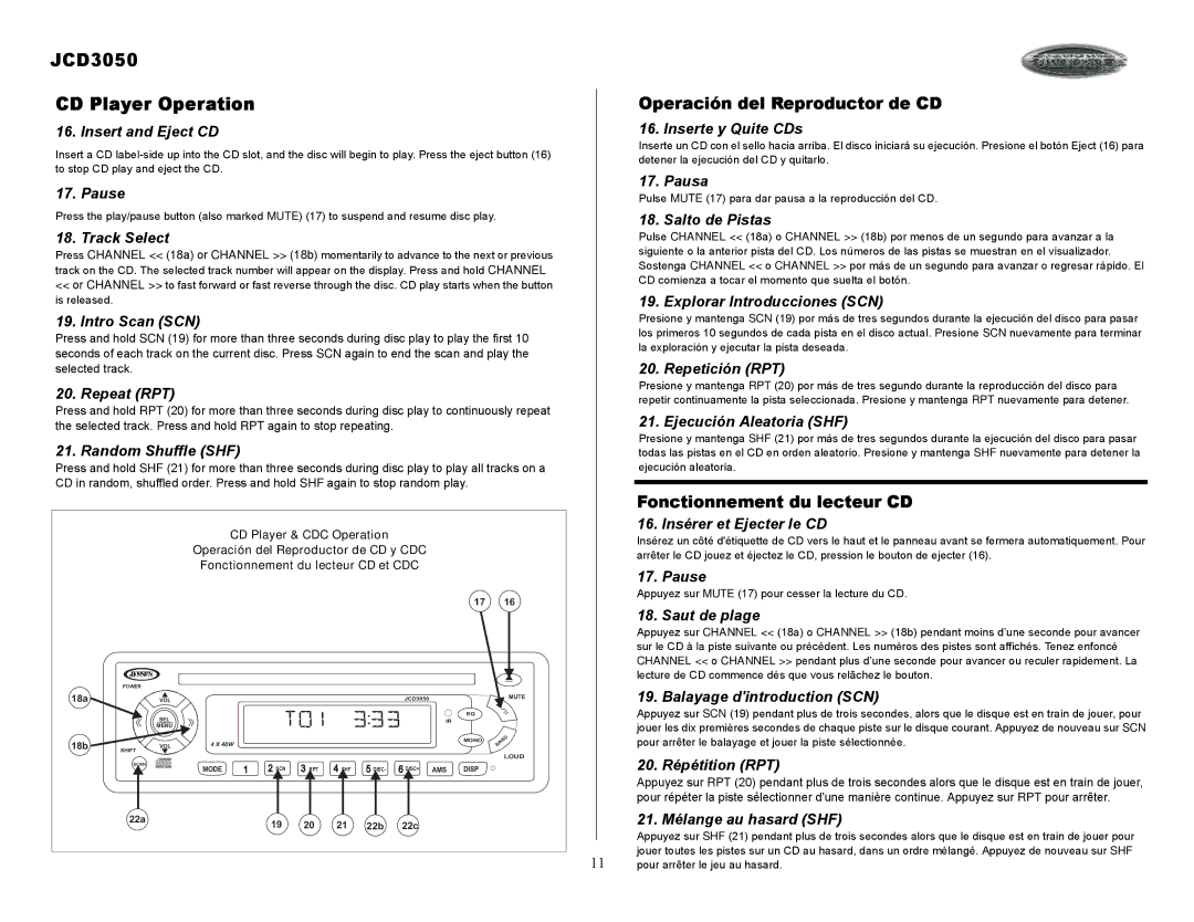 Jensen owner manual JCD3050 CD Player Operation 