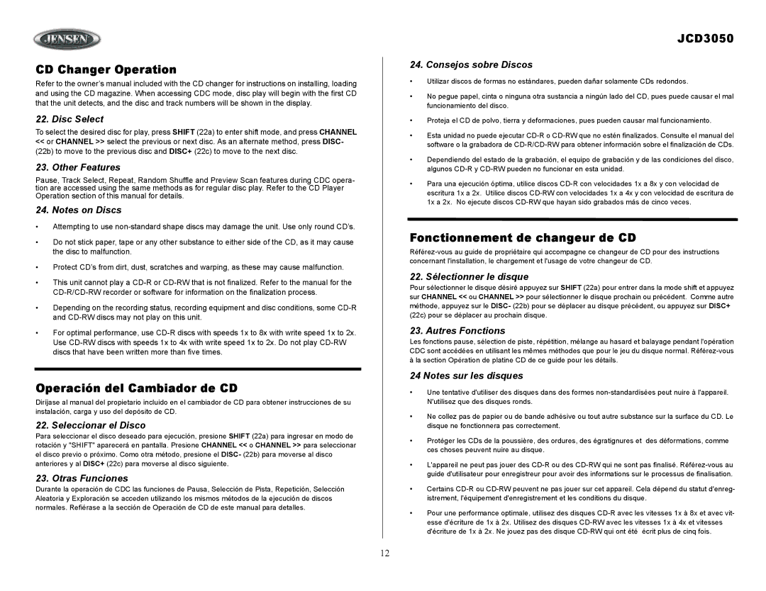 Jensen JCD3050 owner manual CD Changer Operation, Operación del Cambiador de CD, Fonctionnement de changeur de CD 