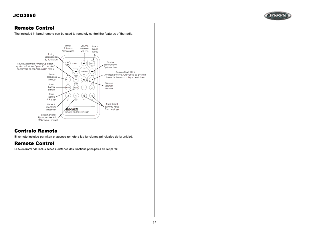 Jensen owner manual JCD3050 Remote Control, Controlo Remoto 