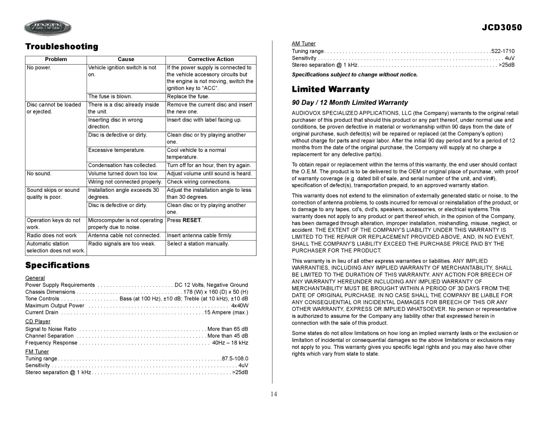 Jensen JCD3050 owner manual Troubleshooting, Specifications, Day / 12 Month Limited Warranty 