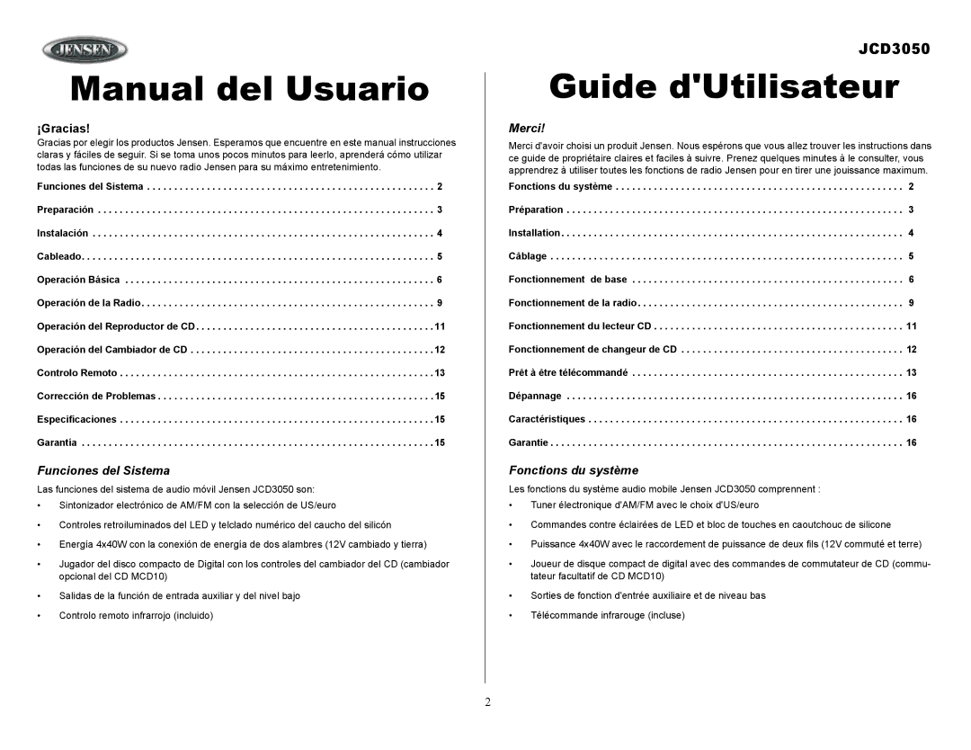 Jensen JCD3050 owner manual Funciones del Sistema, Merci, Fonctions du système 