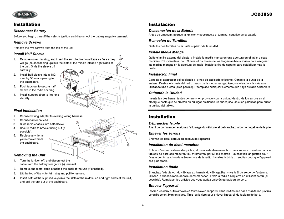 Jensen owner manual Installation, JCD3050 Instalación 