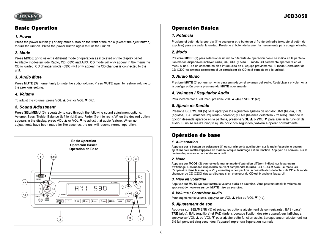 Jensen owner manual Basic Operation, JCD3050 Operación Básica, Opération de base 