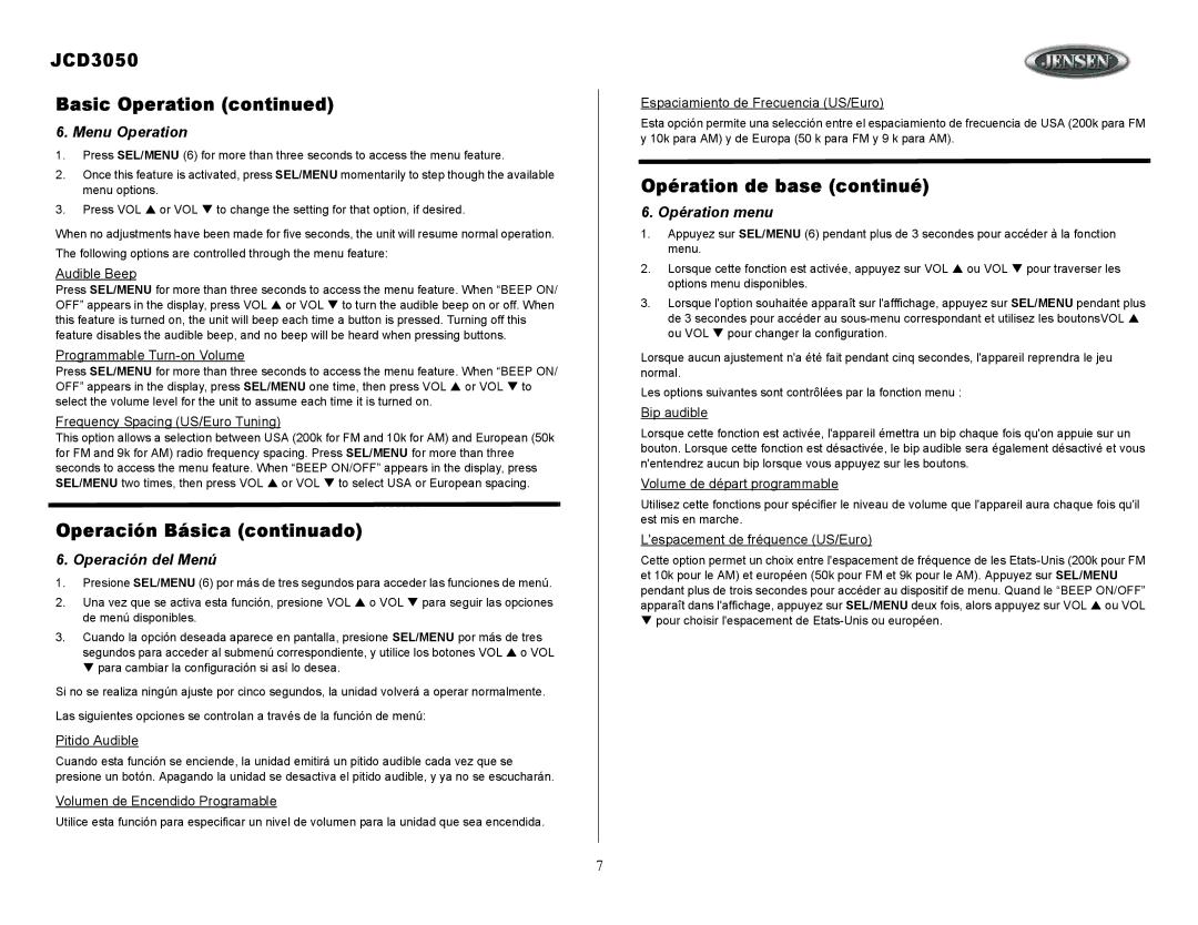 Jensen owner manual JCD3050 Basic Operation, Operación Básica continuado, Opération de base continué 