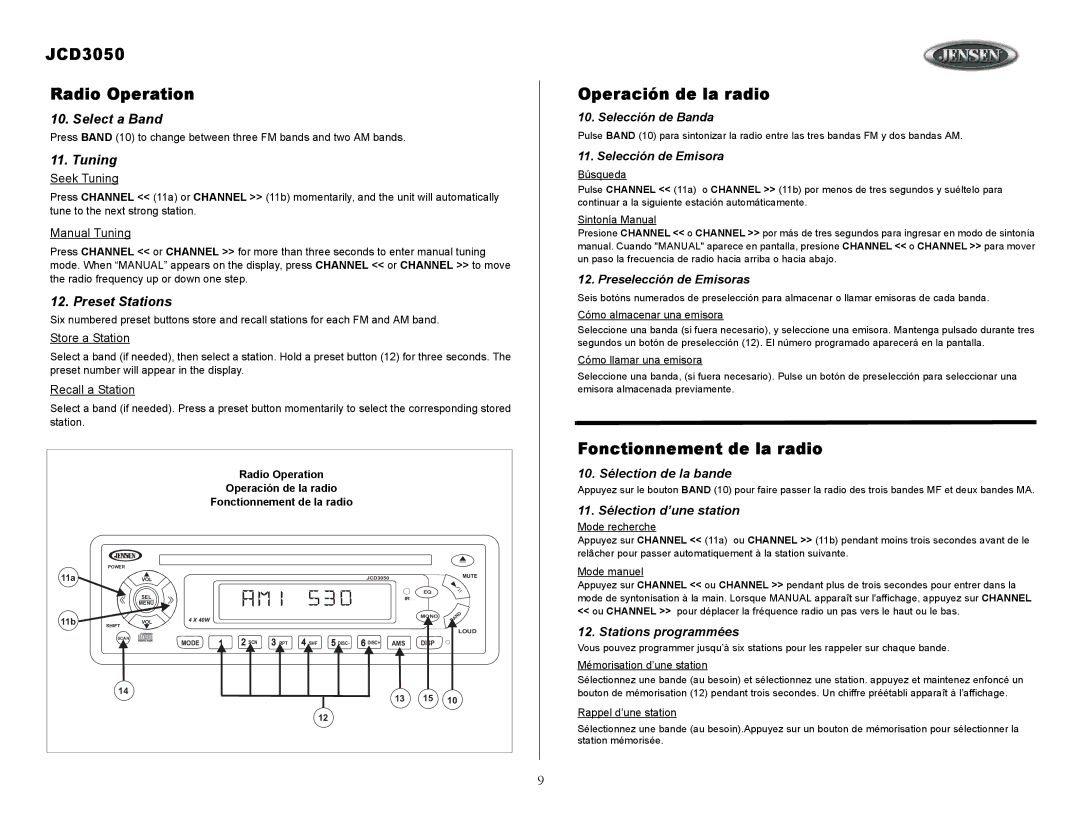 Jensen owner manual JCD3050 Radio Operation, Operación de la radio, Fonctionnement de la radio 