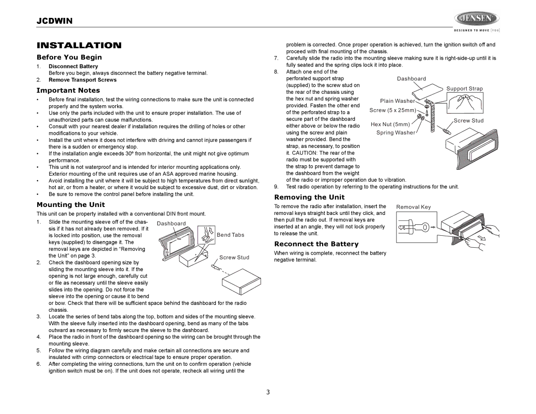 Jensen JCDWIN operation manual Jcdwin Installation, Before You Begin, Important Notes, Removing the Unit Mounting the Unit 