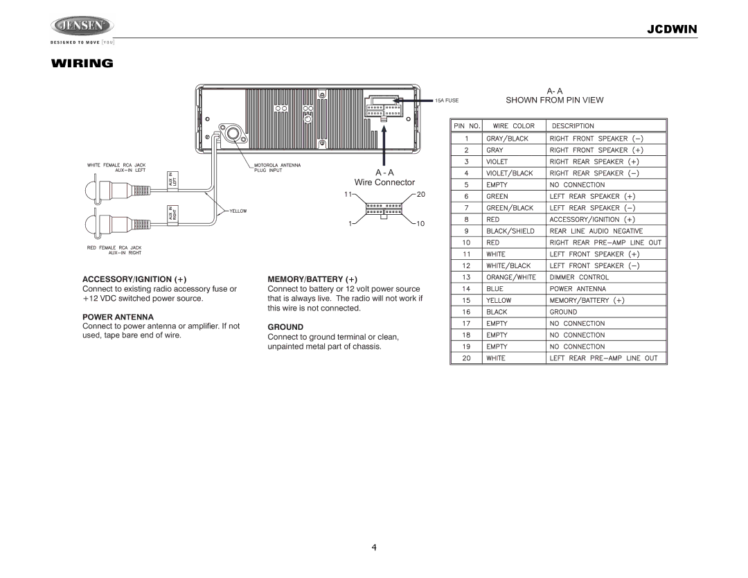 Jensen JCDWIN operation manual Jcdwin Wiring, Shown from PIN View 