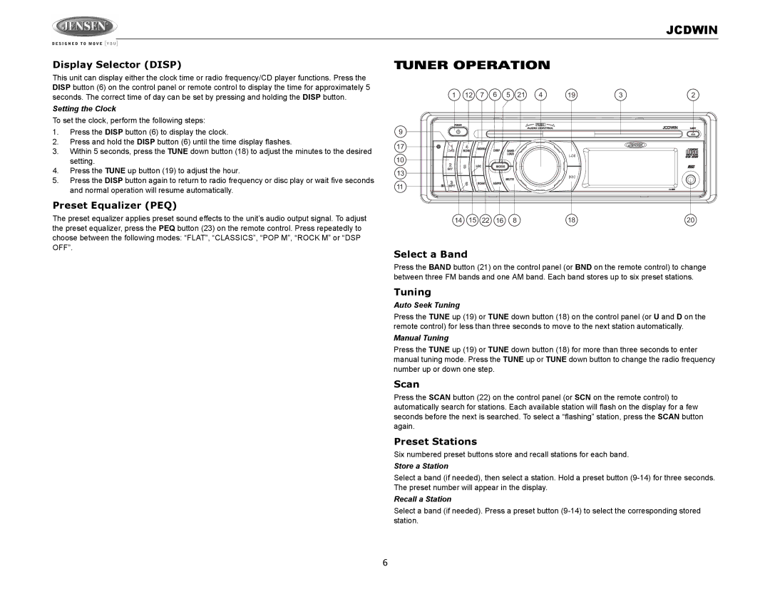 Jensen JCDWIN operation manual Jcdwin Tuner Operation 