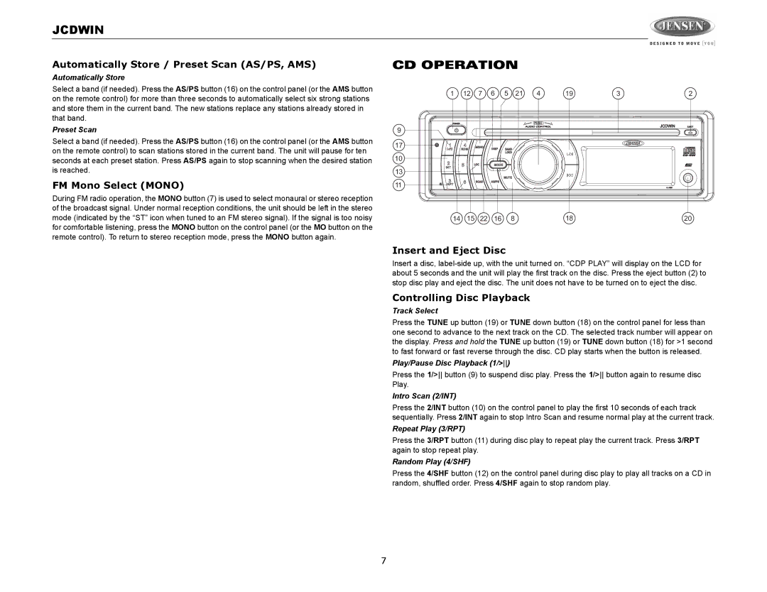 Jensen JCDWIN operation manual Jcdwin, CD Operation 