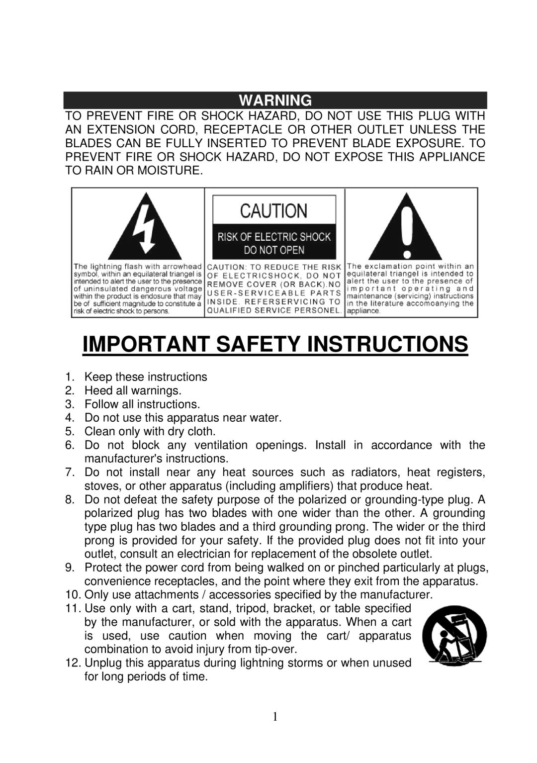 Jensen JCR-208 instruction manual Important Safety Instructions 