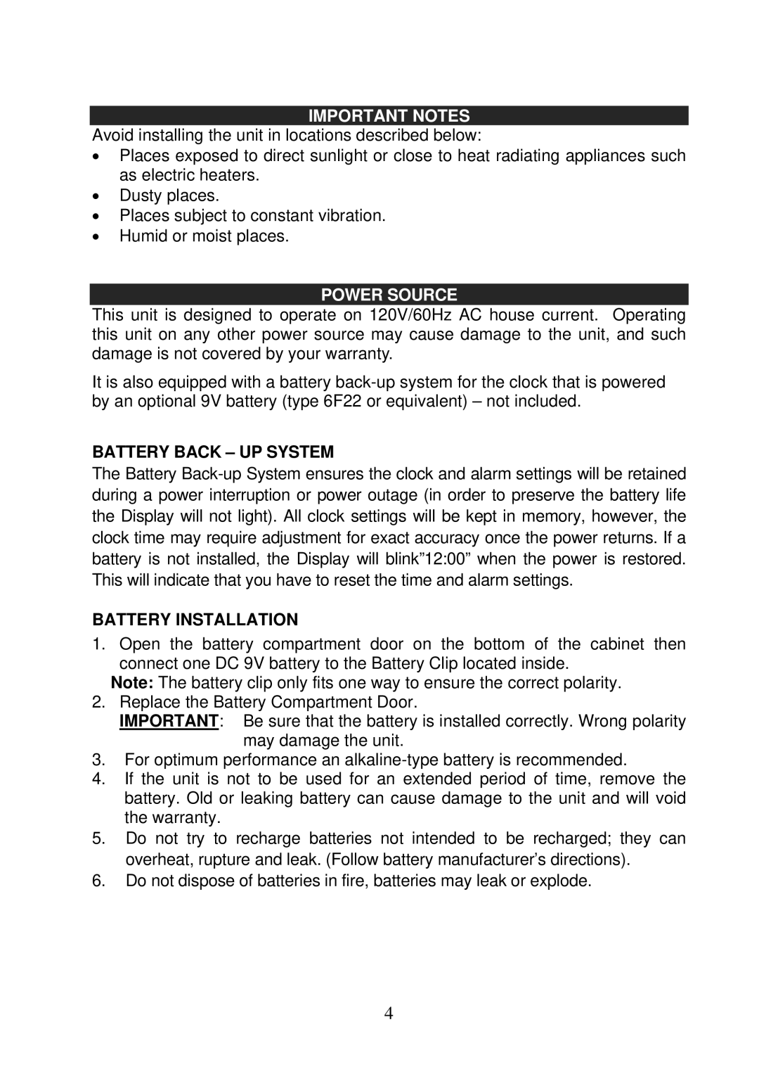 Jensen JCR-208 instruction manual Important Notes, Power Source, Battery Back UP System, Battery Installation 