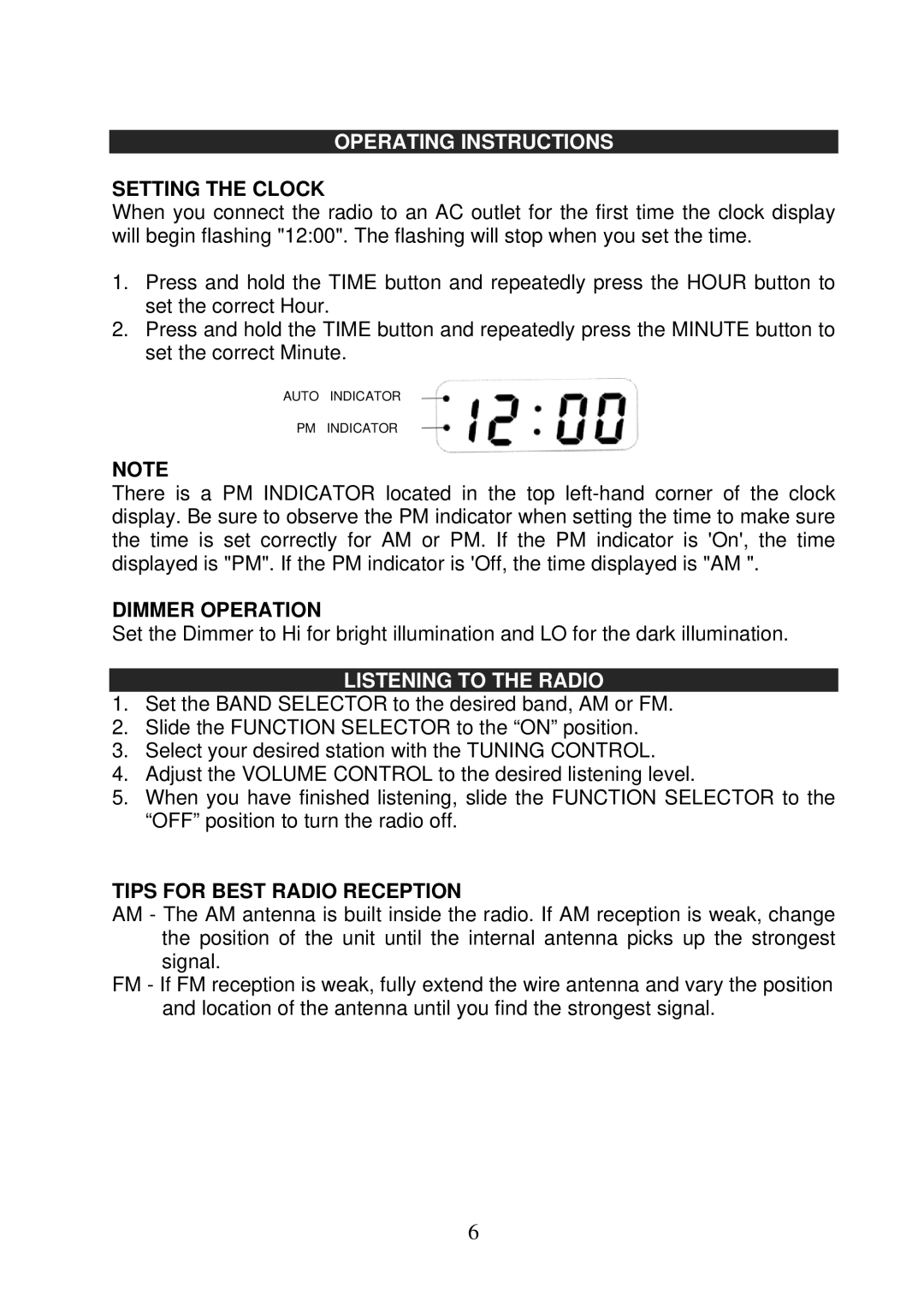 Jensen JCR-208 instruction manual Operating Instructions, Setting the Clock, Dimmer Operation, Listening to the Radio 