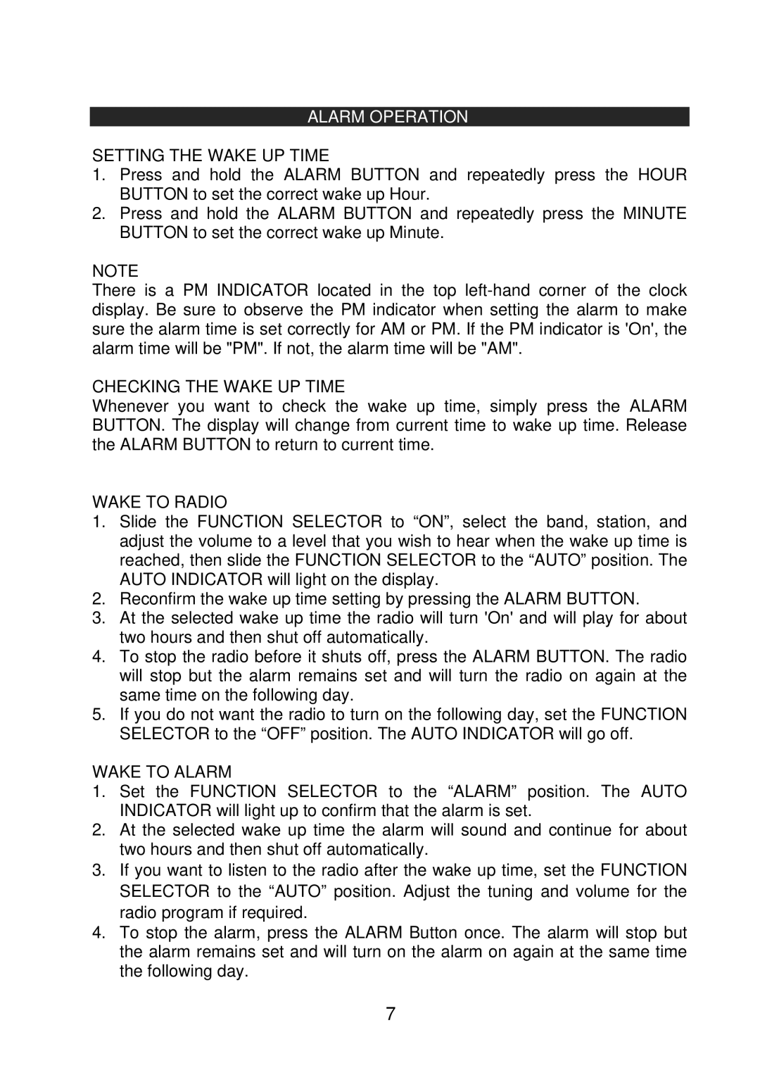 Jensen JCR-208 Alarm Operation, Setting the Wake UP Time, Checking the Wake UP Time, Wake to Radio, Wake to Alarm 