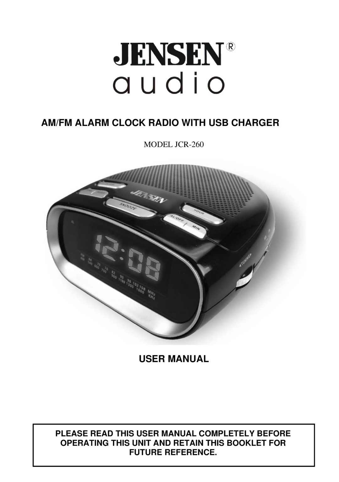 Jensen JCR-260 user manual AM/FM Alarm Clock Radio with USB Charger 