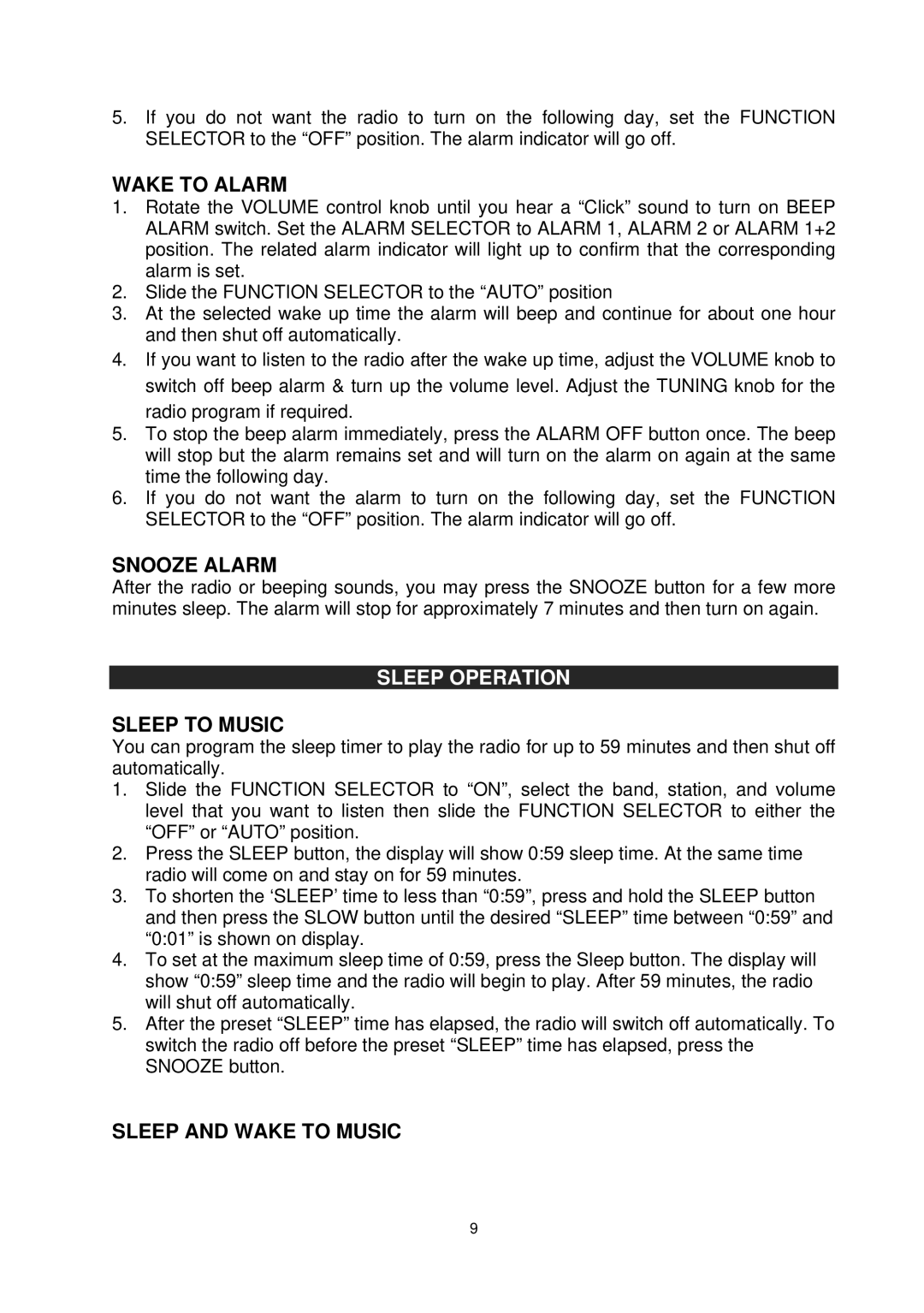 Jensen JCR-260 user manual Wake to Alarm, Snooze Alarm, Sleep Operation, Sleep to Music, Sleep and Wake to Music 