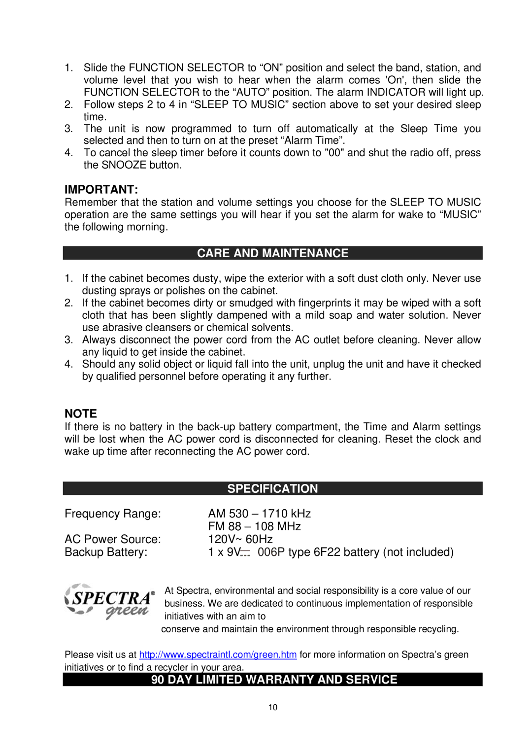 Jensen JCR-260 user manual Care and Maintenance, Specification, DAY Limited Warranty and Service 