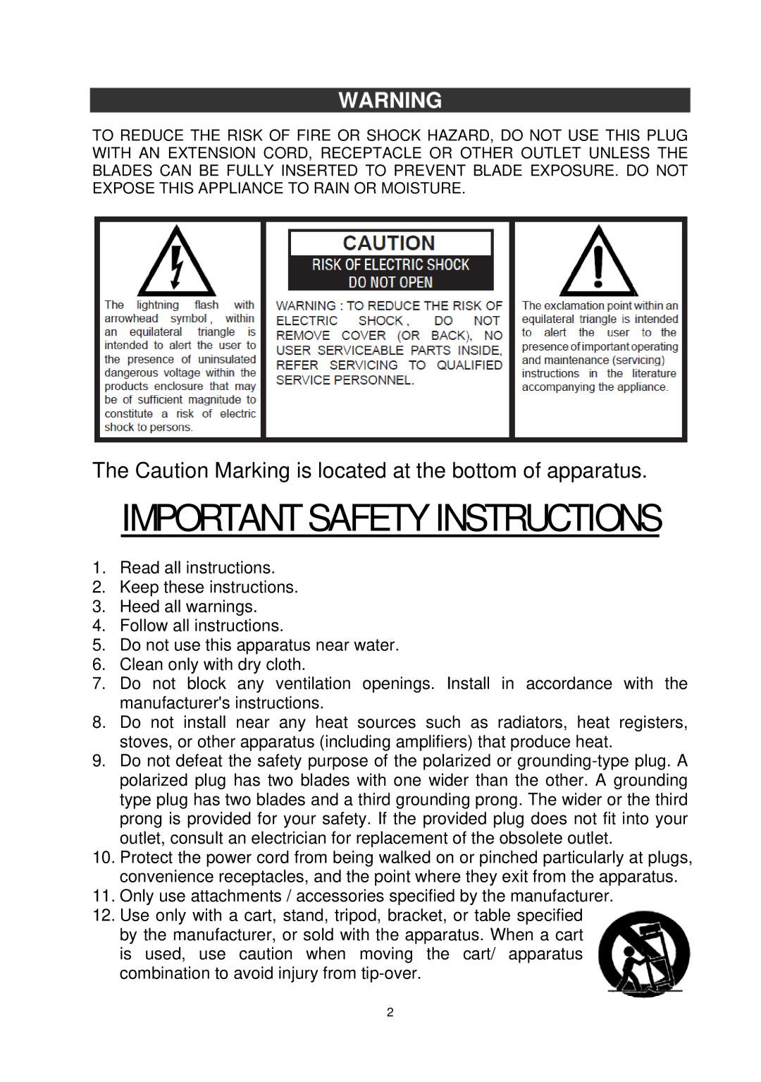 Jensen JCR-260 user manual Important Safety Instructions 