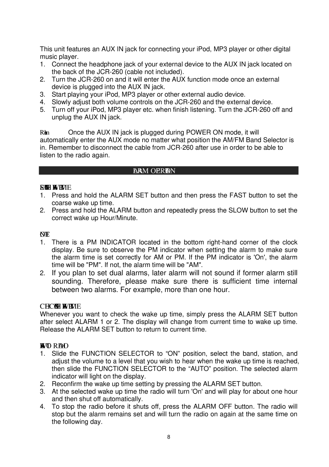 Jensen JCR-260 user manual Alarm Operation, Setting the Wake UP Time, Checking the Wake UP Time, Wake to Radio 