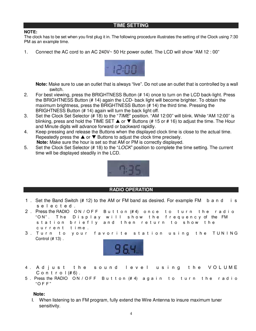 Jensen JCR-263 instruction manual Time Setting, Radio Operation 