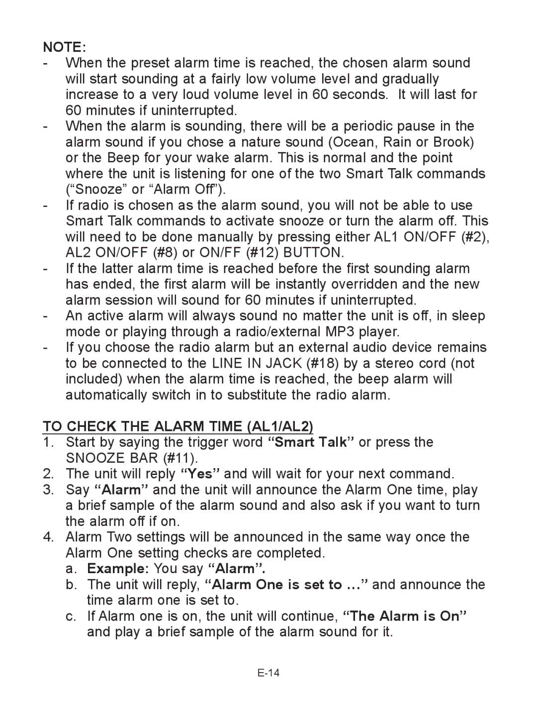 Jensen JCR-290 user manual To Check the Alarm Time AL1/AL2, Example You say Alarm 