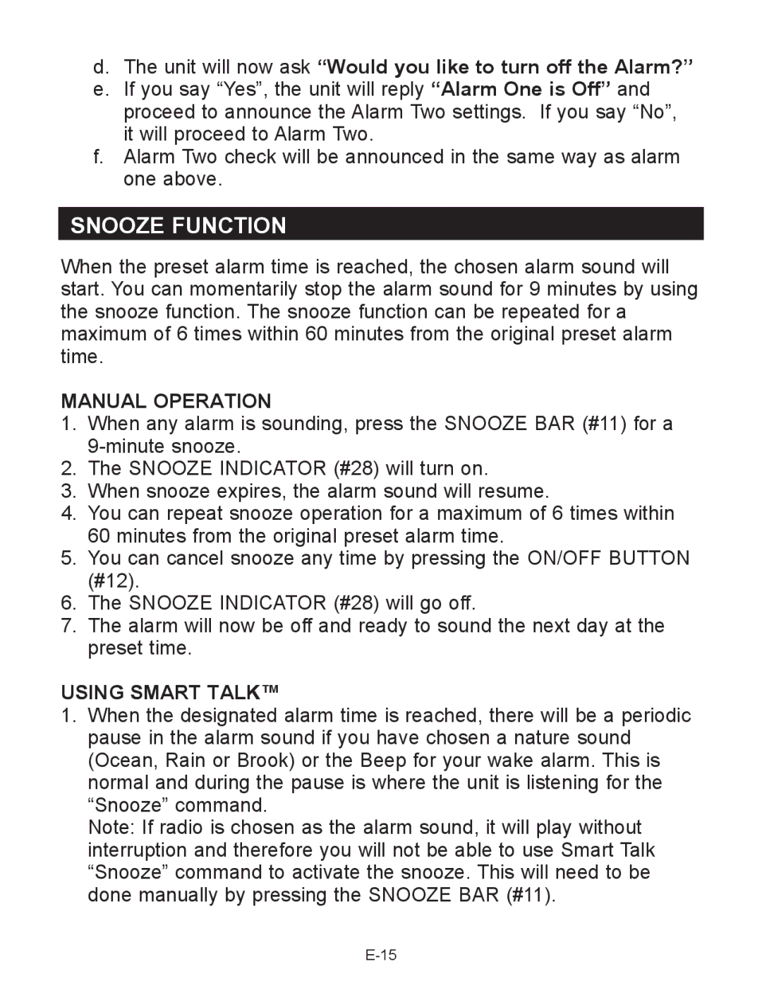 Jensen JCR-290 user manual Snooze Function, Unit will now ask Would you like to turn off the Alarm?, Manual Operation 