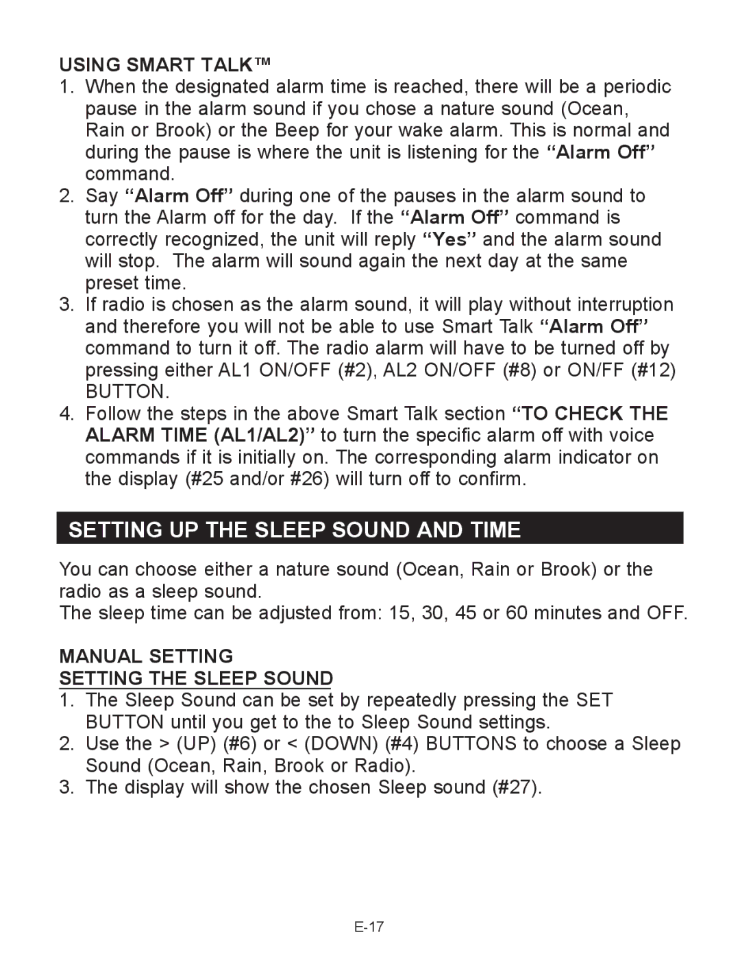 Jensen JCR-290 user manual Setting UP the Sleep Sound and Time, Manual Setting Setting the Sleep Sound 