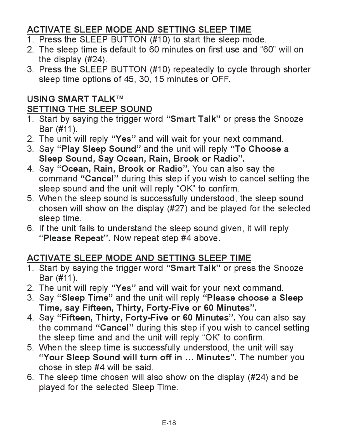 Jensen JCR-290 user manual Activate Sleep Mode and Setting Sleep Time, Using Smart Talk Setting the Sleep Sound 