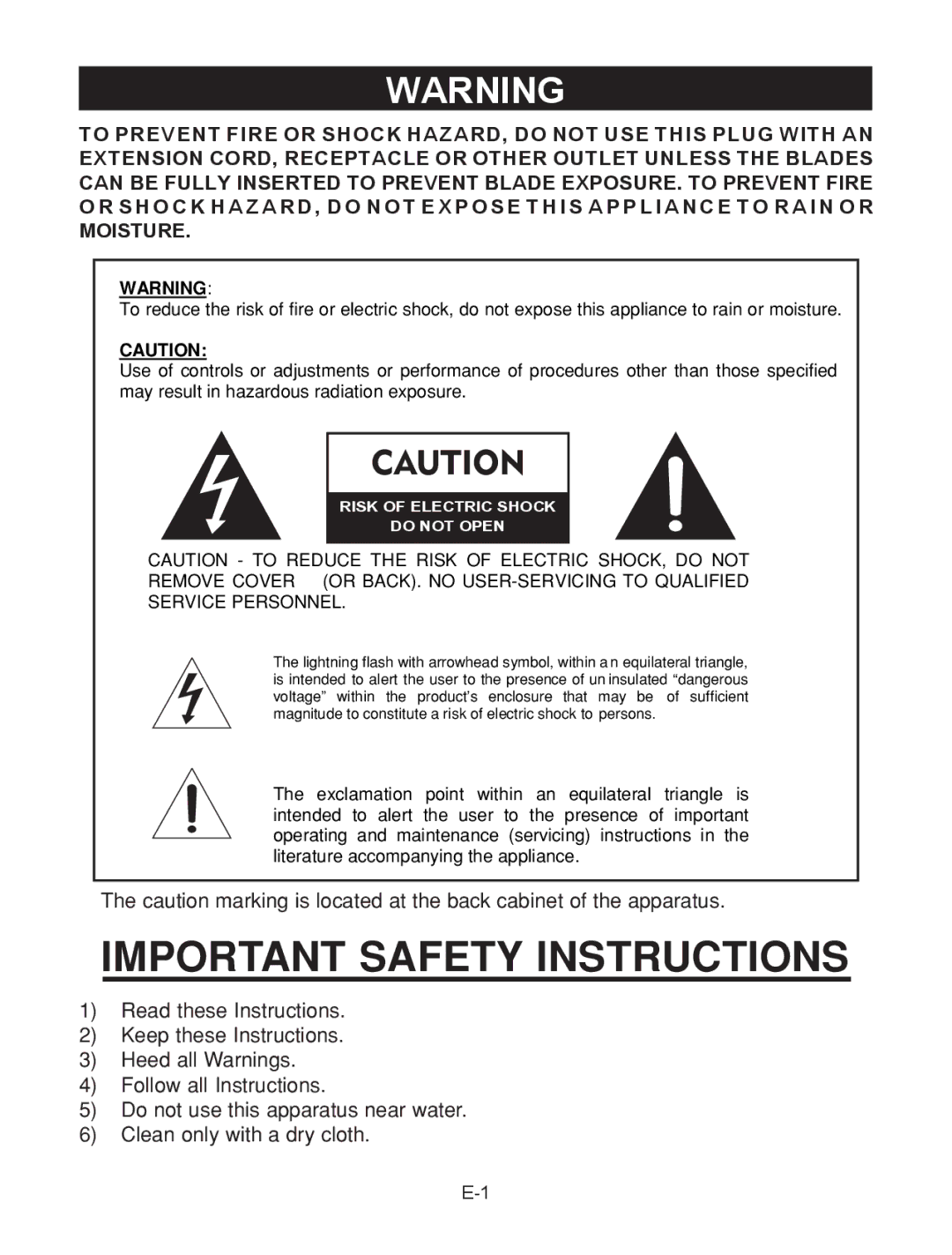 Jensen JCR-290 user manual Important Safety Instructions 