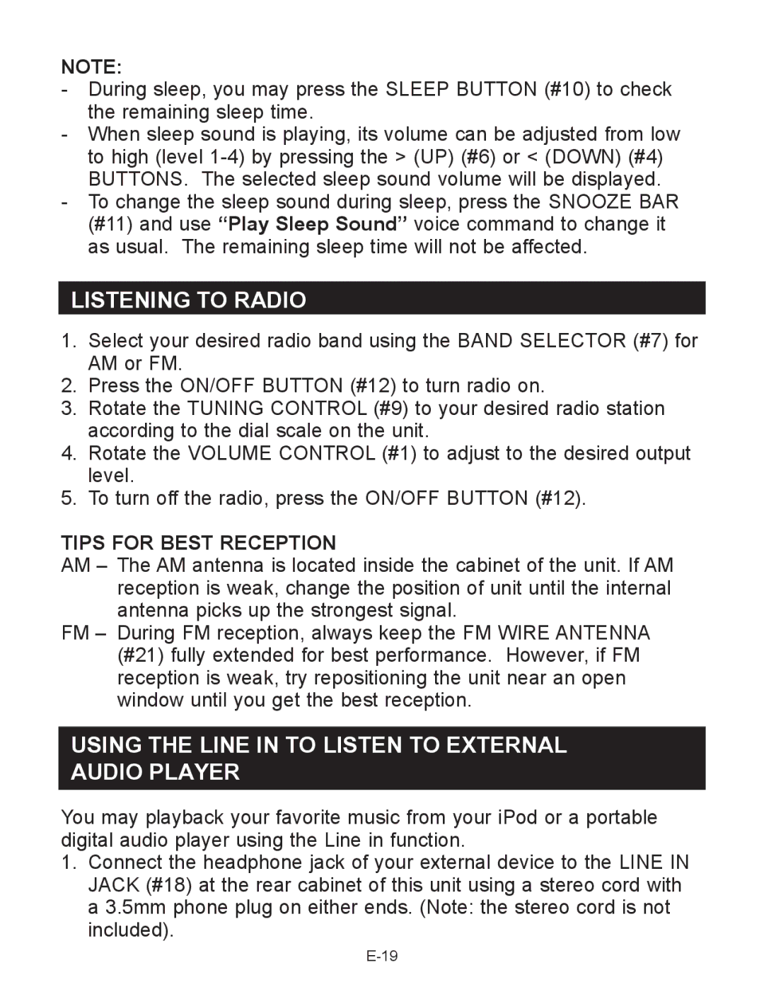 Jensen JCR-290 Listening to Radio, Using the Line in to Listen to External Audio Player, Tips for Best Reception 