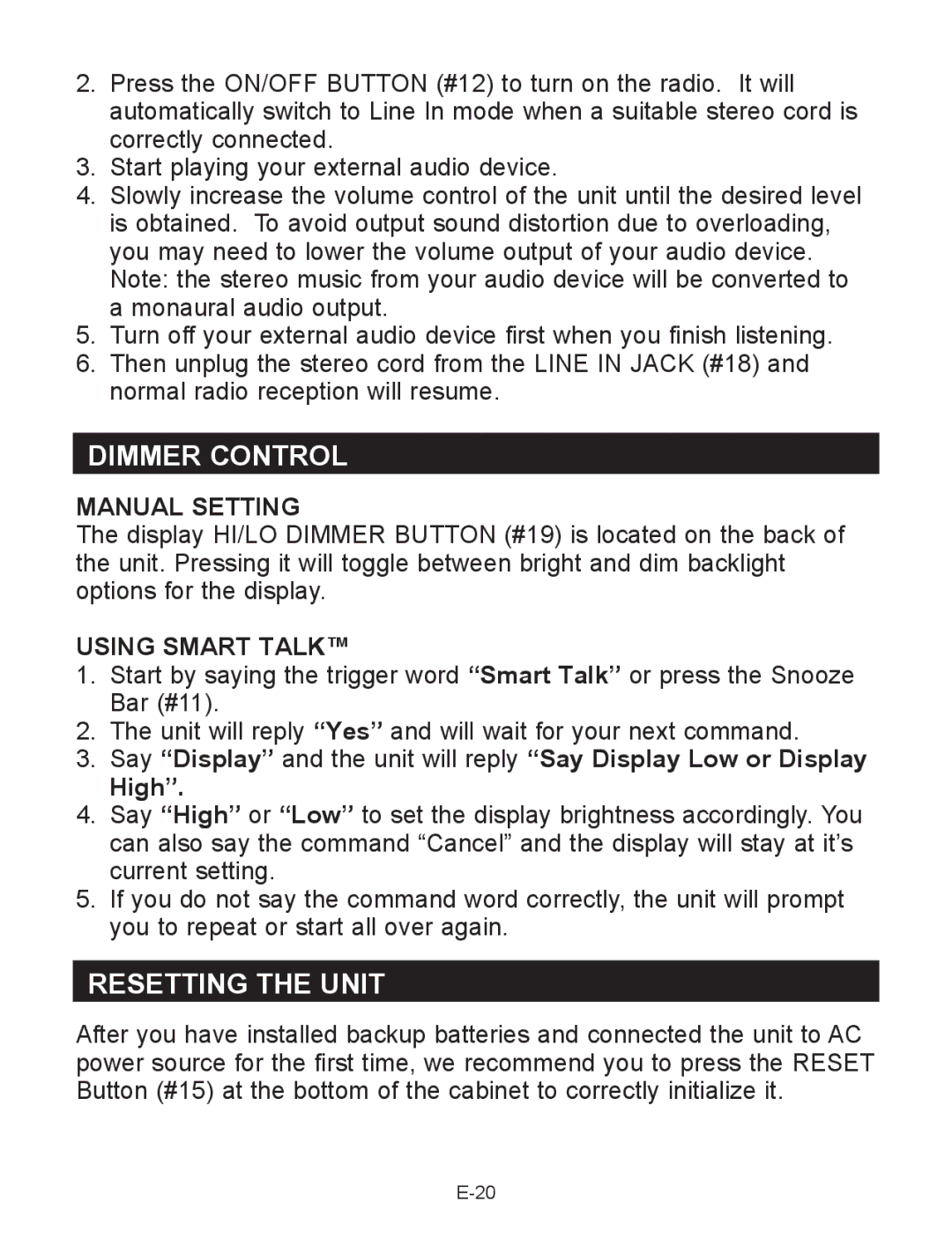 Jensen JCR-290 user manual Dimmer Control, Resetting the Unit, Manual Setting 