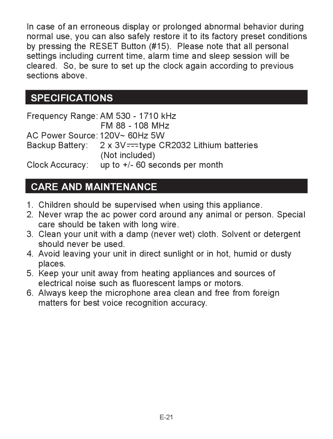 Jensen JCR-290 user manual Specifications, Care and Maintenance 