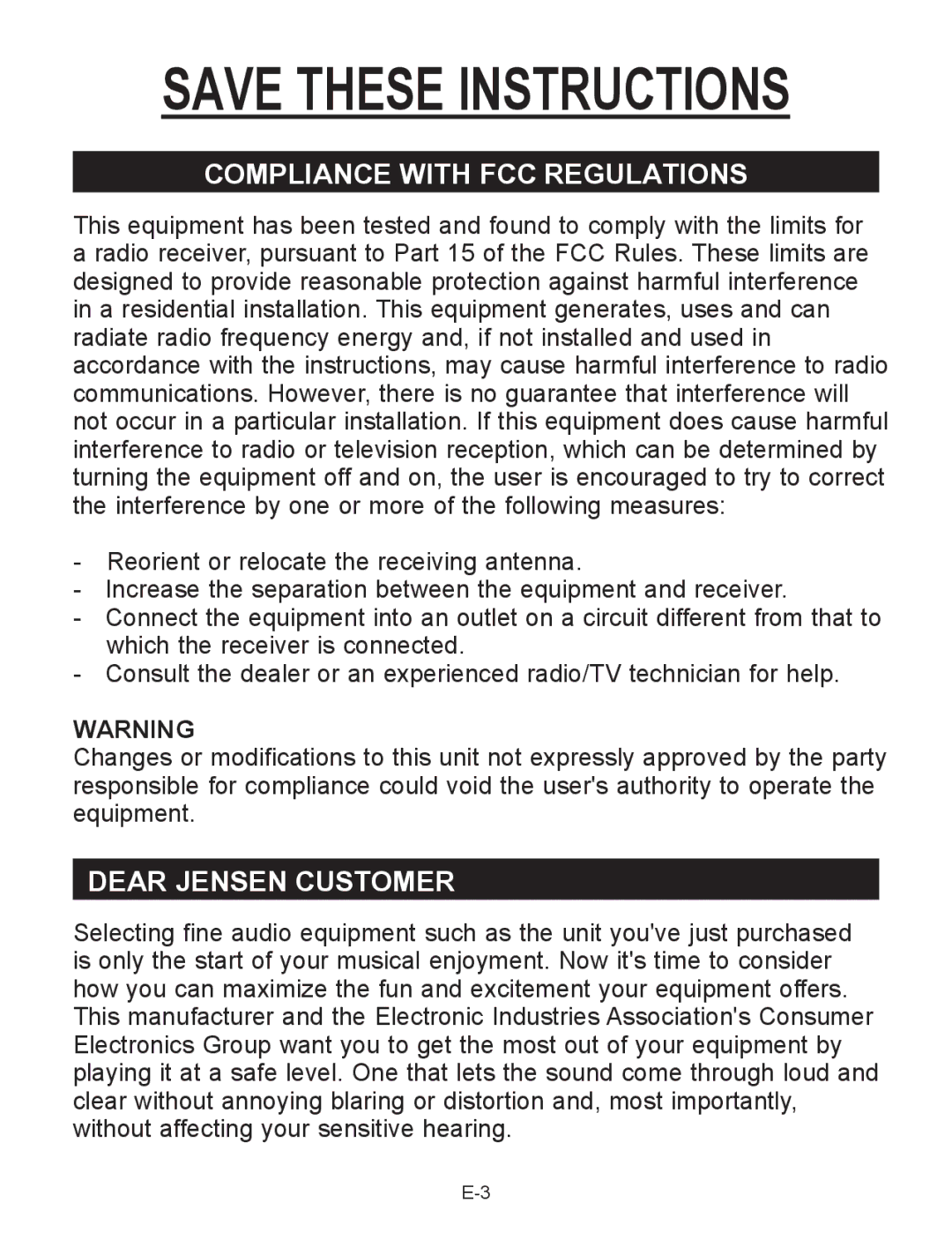 Jensen JCR-290 user manual Compliance with FCC Regulations, Dear Jensen Customer 