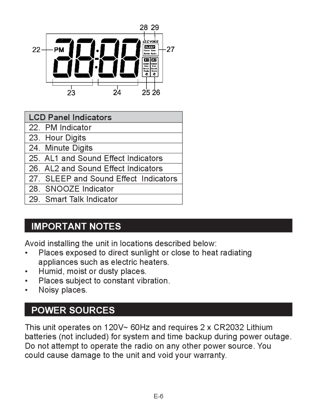 Jensen JCR-290 user manual Important Notes, Power Sources, LCD Panel Indicators 